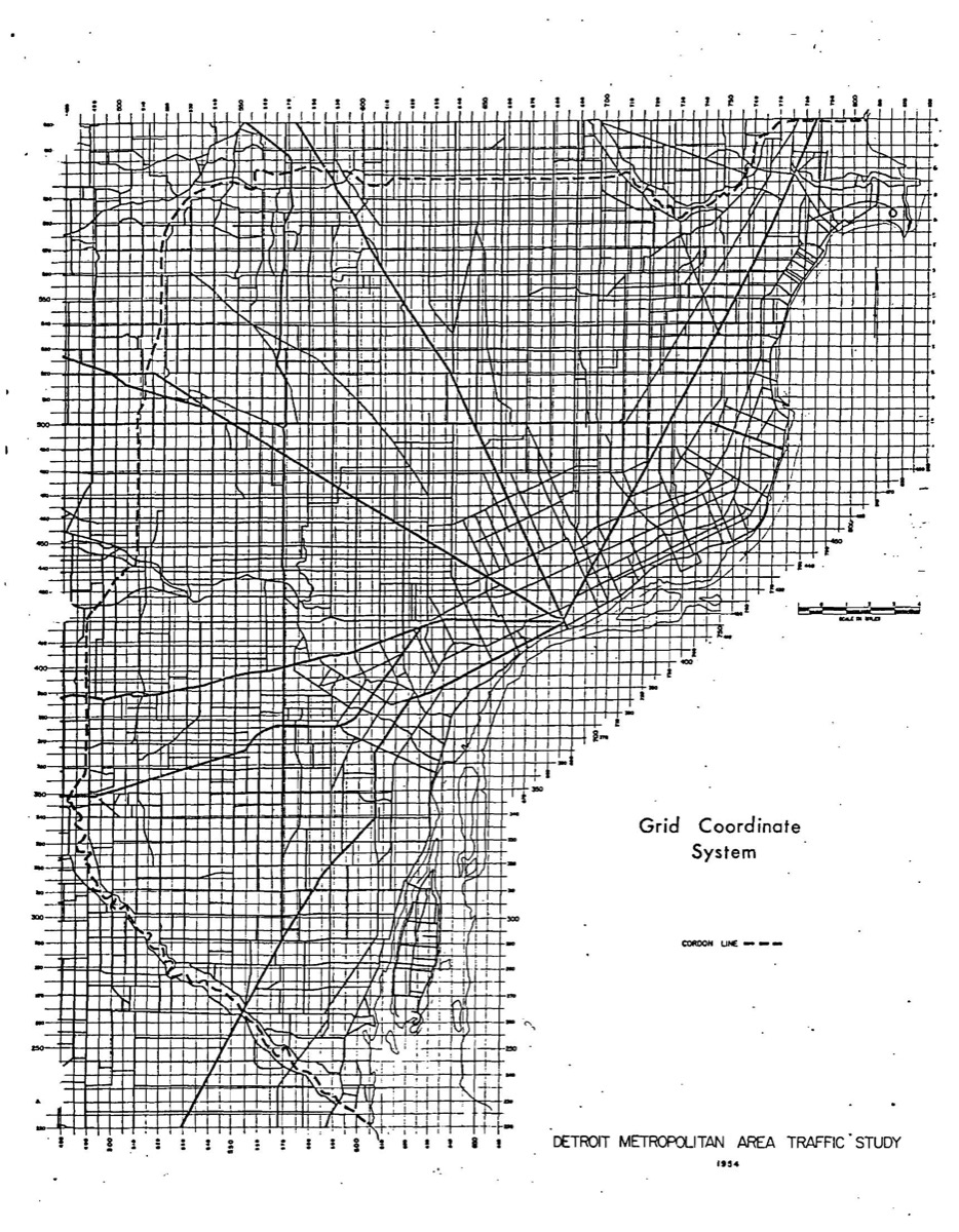 Grid coordinate system map of Detroit with the 1954 cordon line drawn