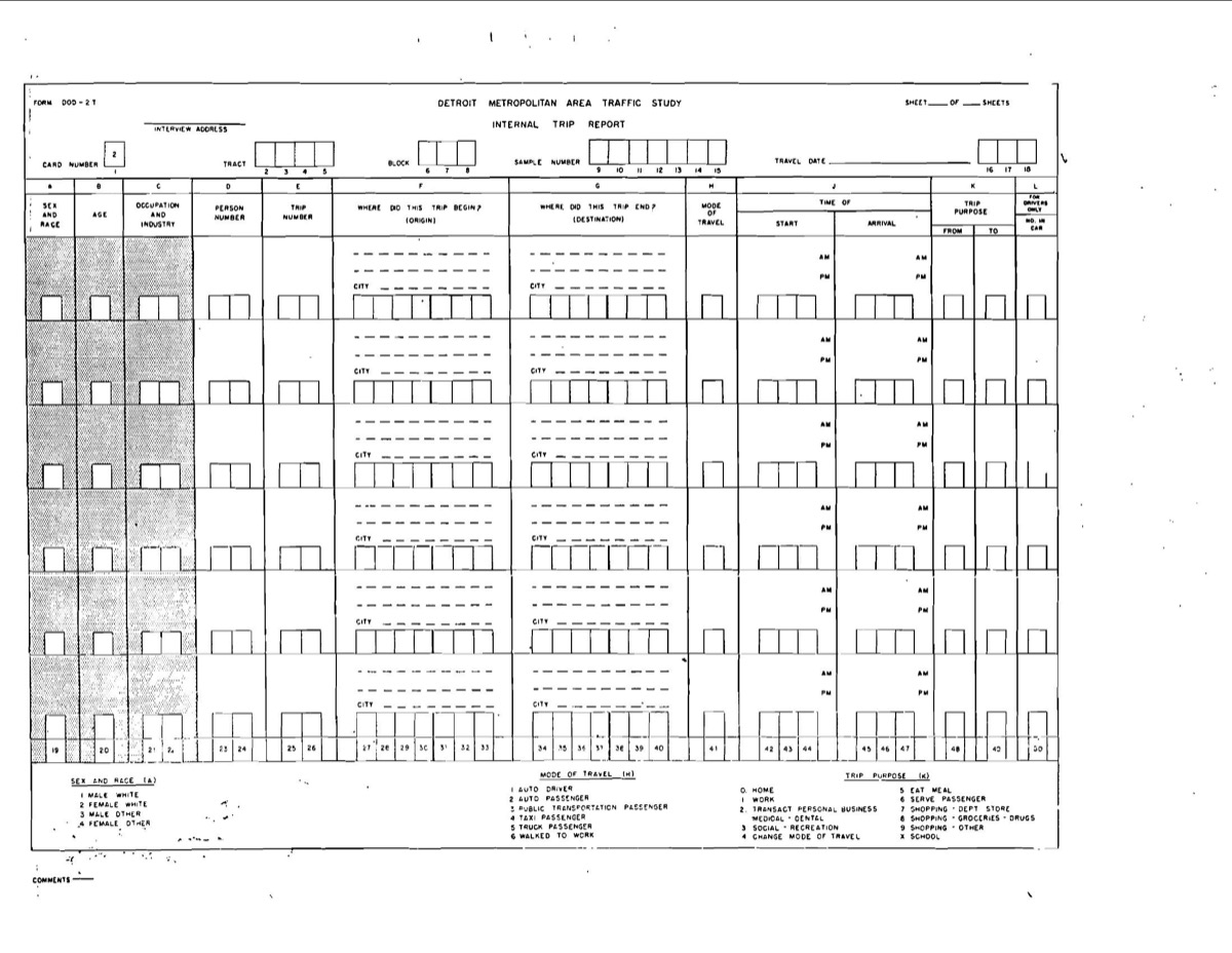 The actual Form DOD-27 internal trip report used by surveyors knocking on Detroit doors in 1953–54