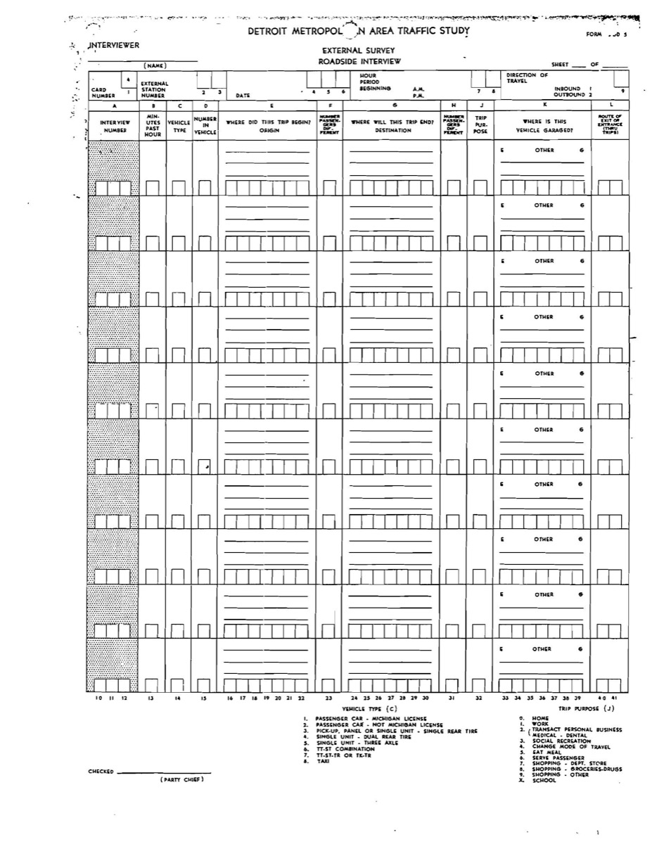 External Survey roadside interview form from the Detroit Metropolitan Area Traffic Study 1954