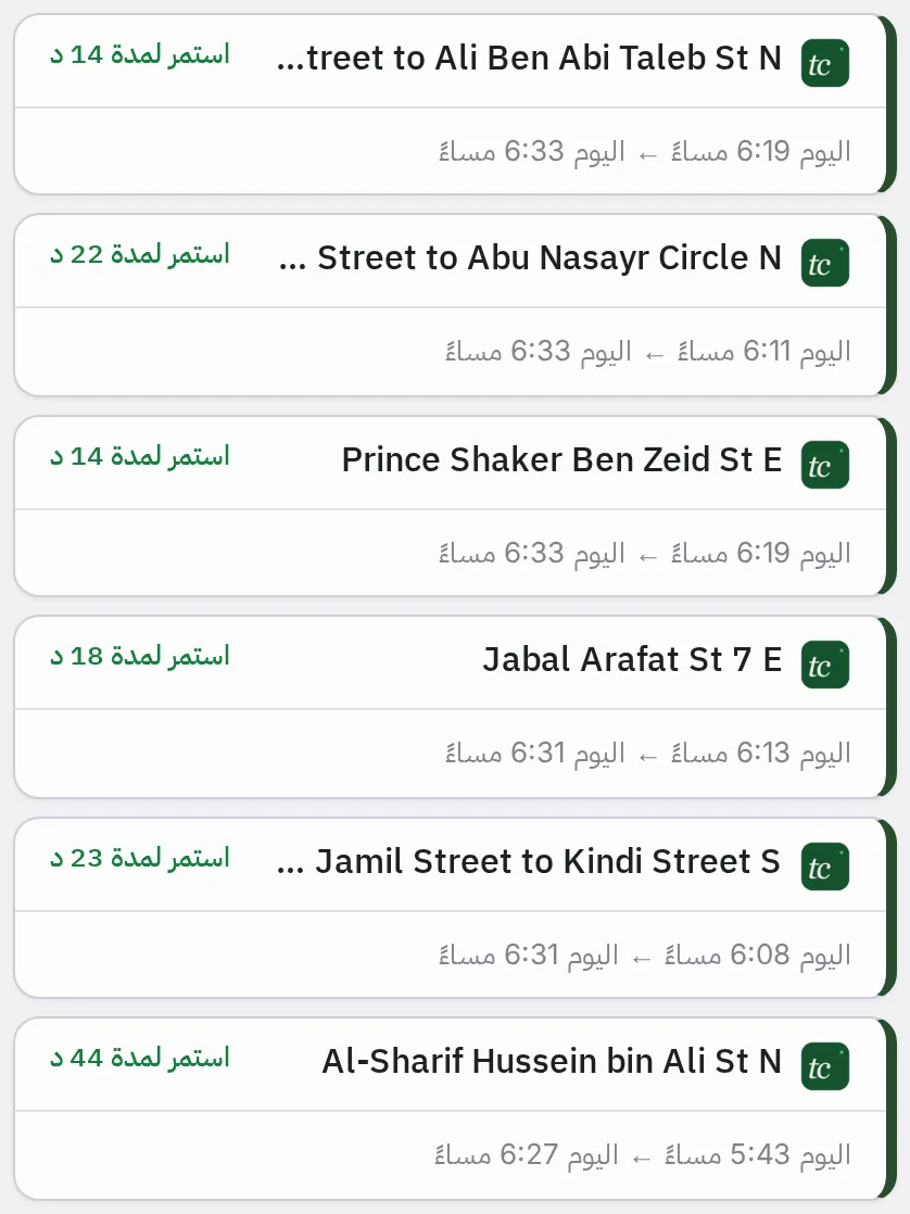 قائمة تنبيهات منتهية، يعرض كل منها اسم الطريق ومدة التنبيه ووقتَي البدء والانتهاء
