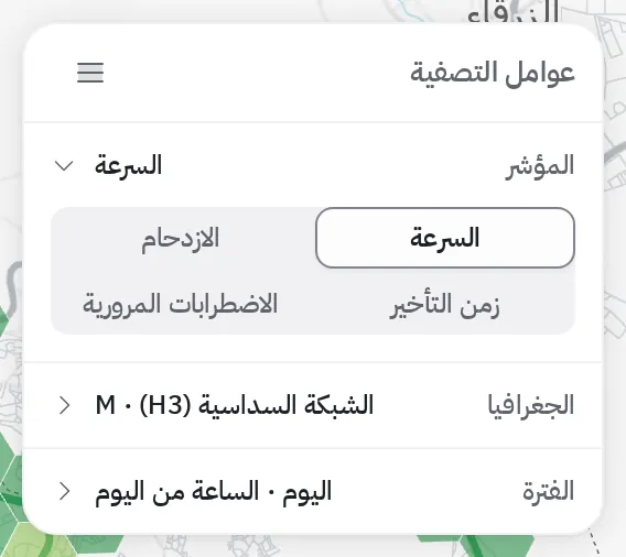 صف المؤشر مفتوحاً على أربعة خيارات: السرعة والازدحام وزمن التأخير والاضطرابات المرورية