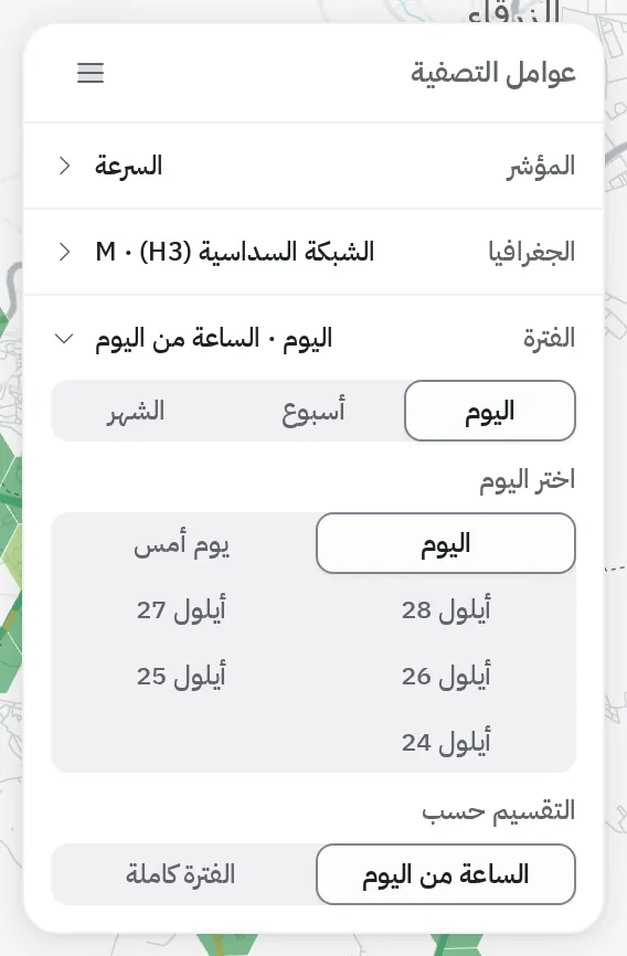 صف الفترة مفتوحاً: اليوم وأسبوع والشهر، ثم قائمة الأيام، ثم التقسيم حسب الساعة من اليوم أو الفترة كاملة
