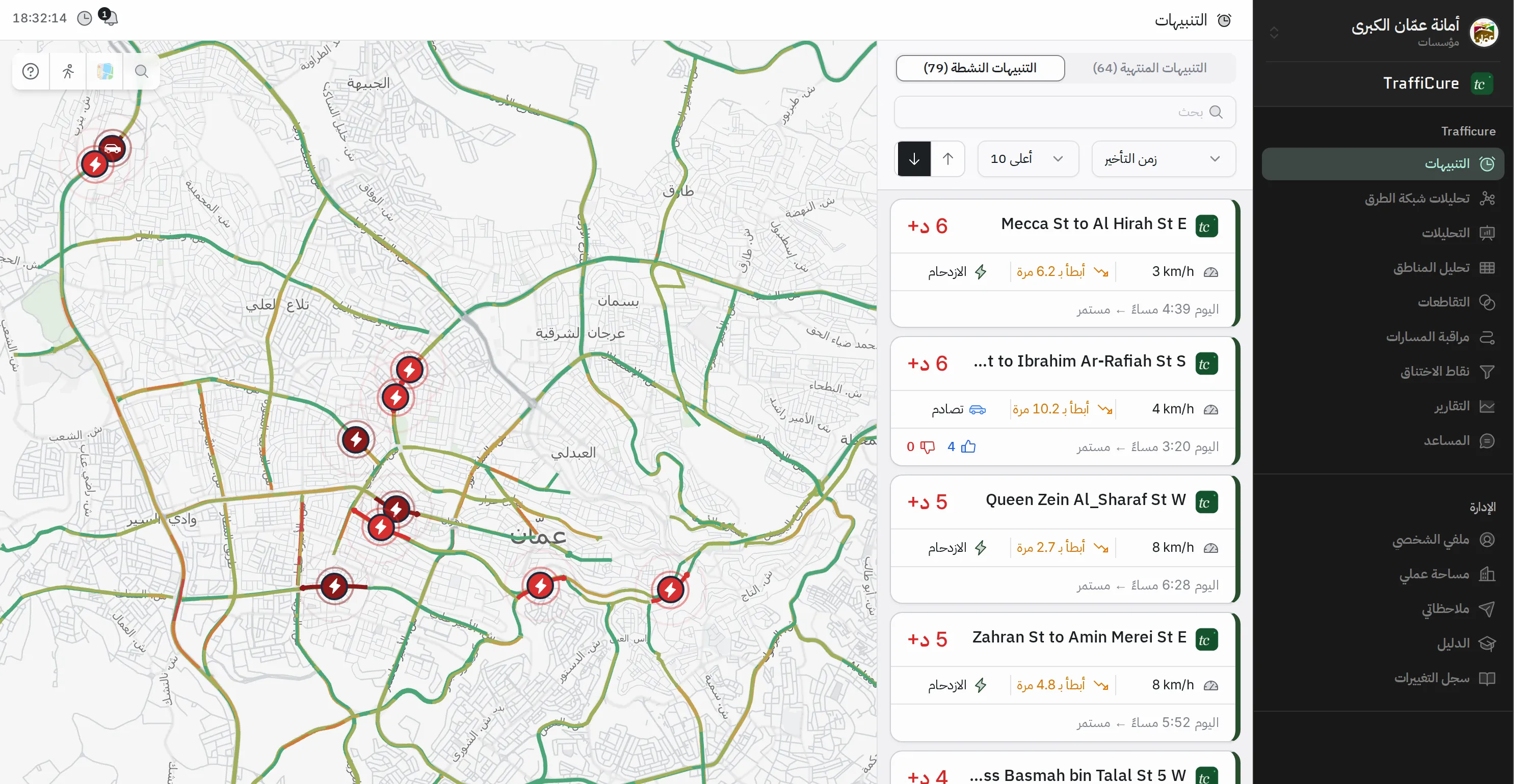 واجهة TraffiCure بالعربية: شريط الوحدات مفتوحاً على اليمين بشعار أمانة عمّان الكبرى، وقائمة التنبيهات، وخريطة عمّان مع شبكة الطرق الملوّنة وعلامات التنبيهات