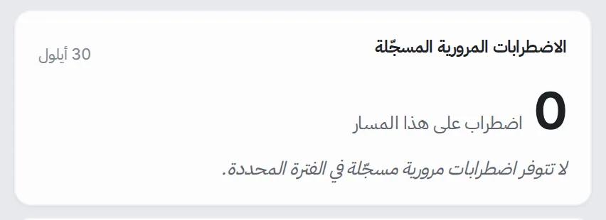 لوحة الاضطرابات المرورية المسجّلة للمسار: لا توجد أحداث في الفترة المحددة