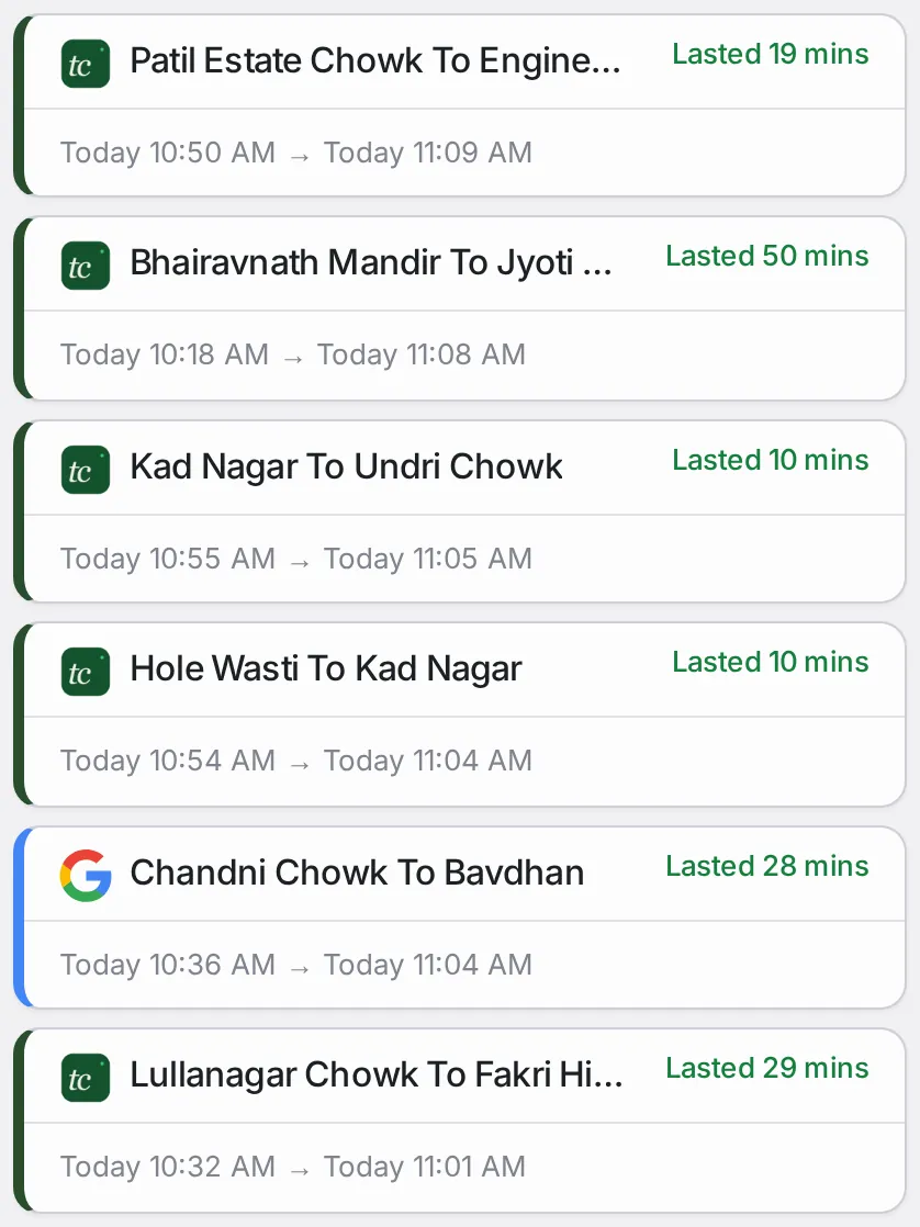 Six resolved alert cards, each with the road name, how long it lasted in green, and its start and end times