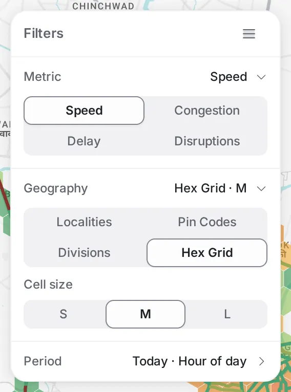 The Filters panel with the Metric row open on Speed, Congestion, Delay and Disruptions, and the Geography row open below it