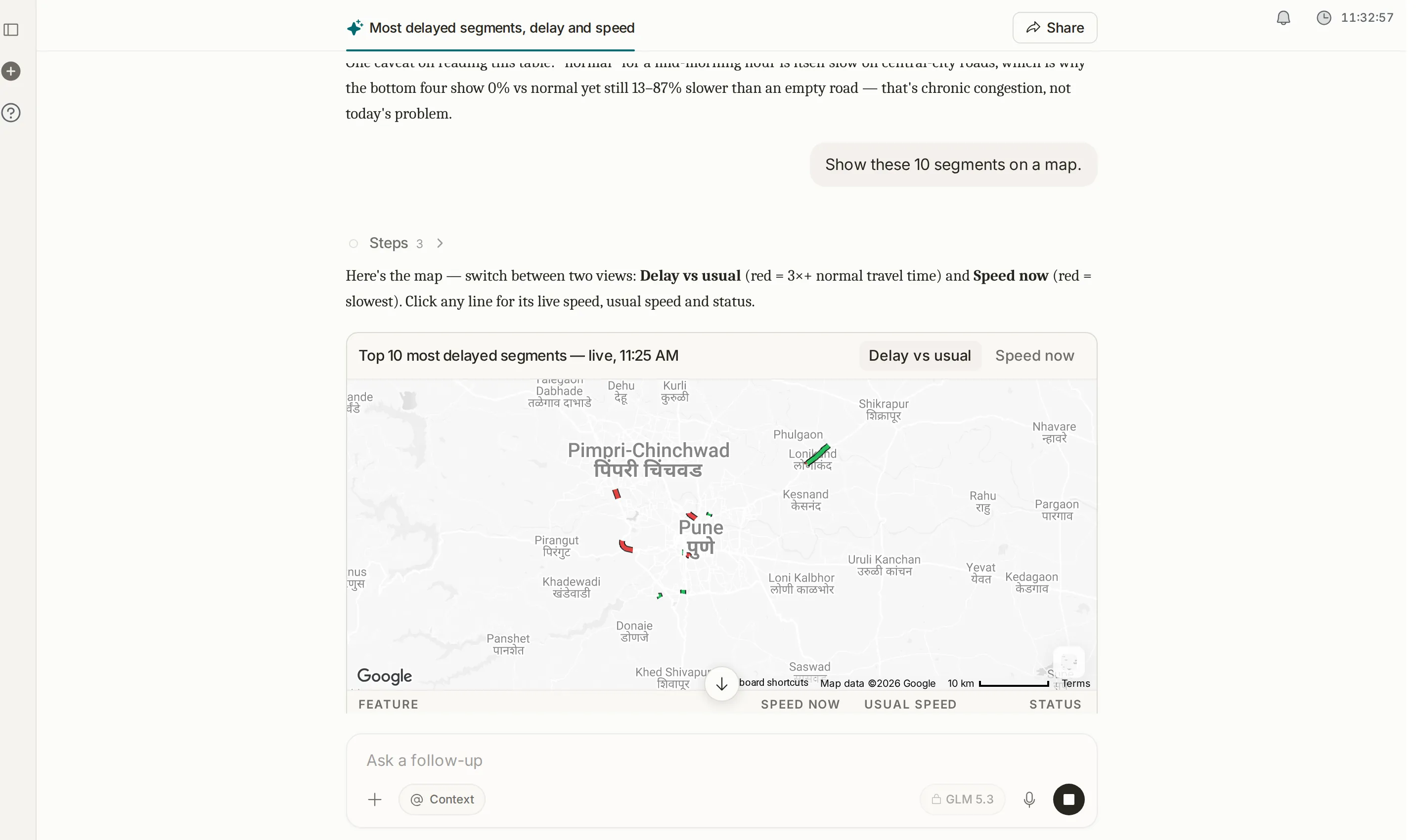 The follow-up question “Show these 10 segments on a map.”, then Steps, a short explanation, and a map of Pune titled Top 10 most delayed segments with Delay vs usual and Speed now views and a table below it