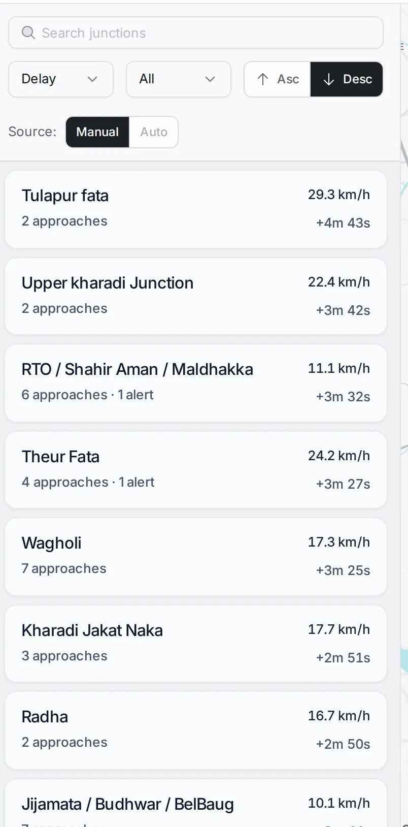 The junction list: each junction with its name, speed, number of approaches, any alerts and delay; above it the search box, the Delay and All lists, Asc and Desc, and the Manual or Auto source switch