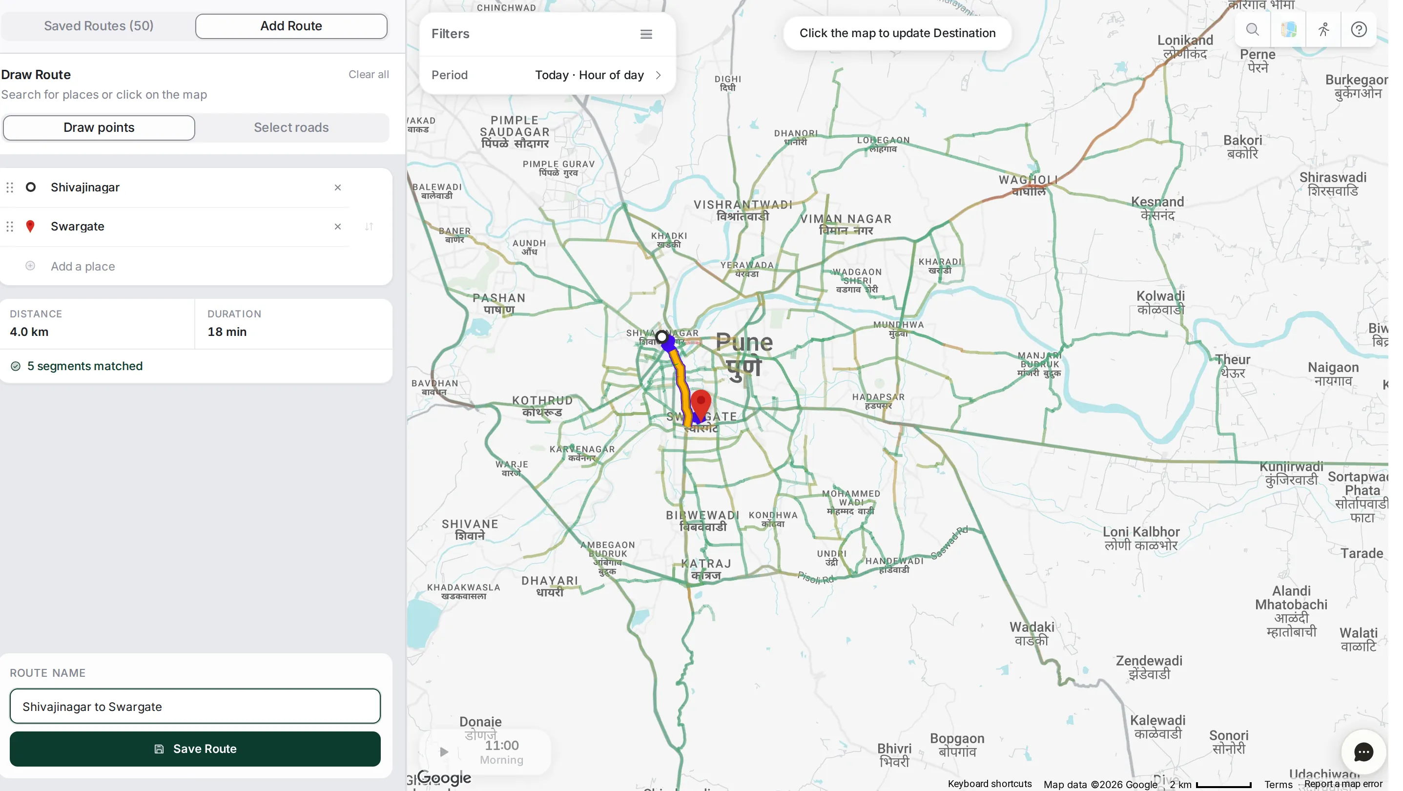 The Draw Route panel: Shivajinagar and Swargate as the two points, distance 4.0 km, duration 18 min and 5 segments matched, the route drawn on the map of Pune, and the route name above the Save Route button